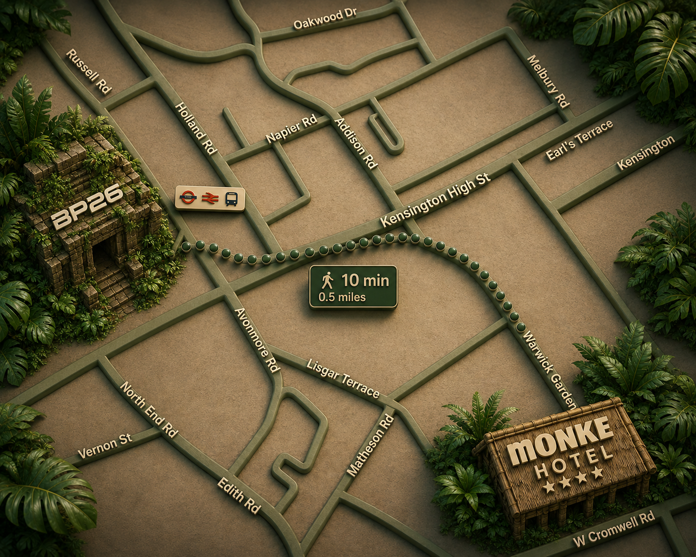 Map showing the 10-minute walk between Breakpoint 2026 venue and Monke Hotel